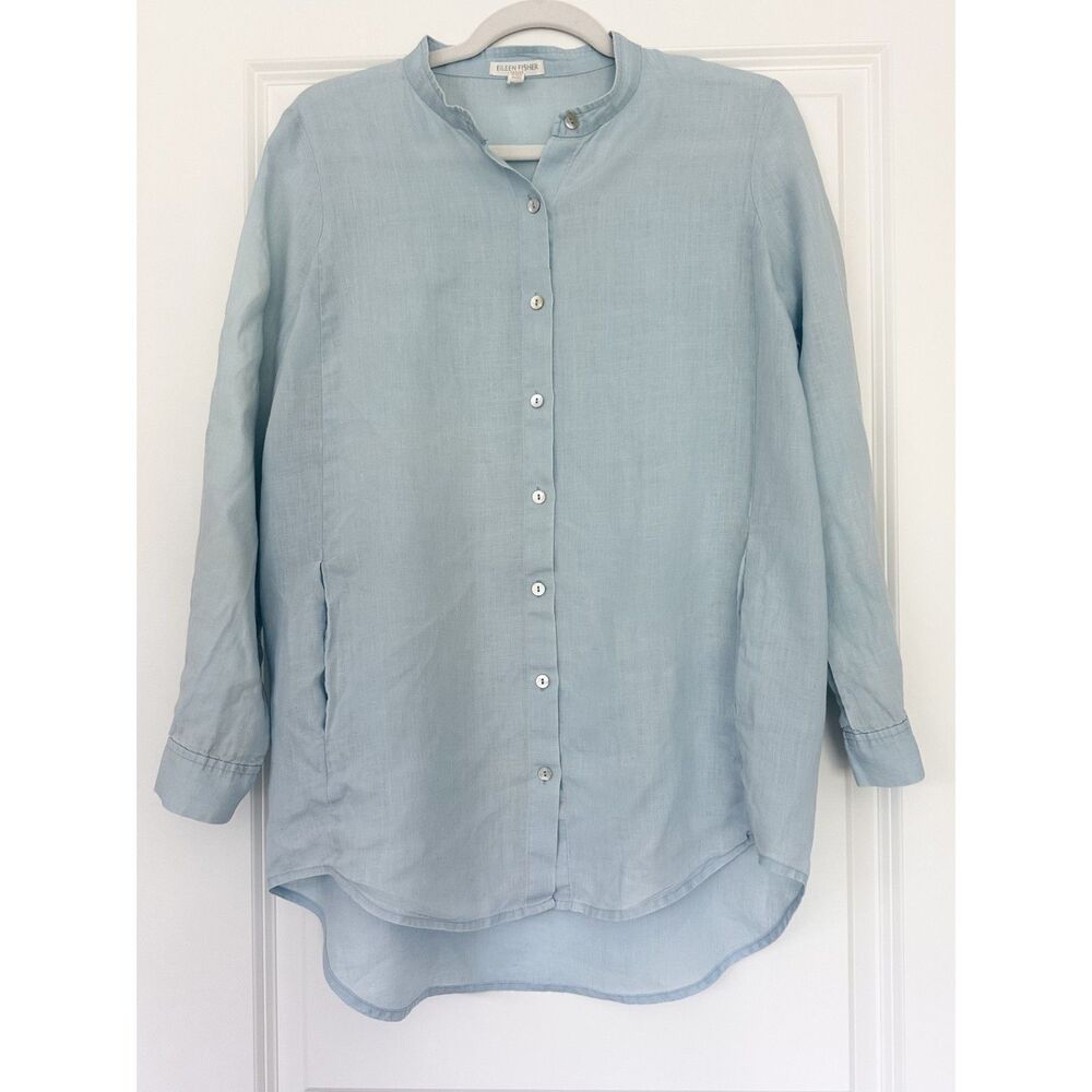 Eileen Fisher Organic Linen Button Front Tunic Shirt Light Blue Petite PS/PP